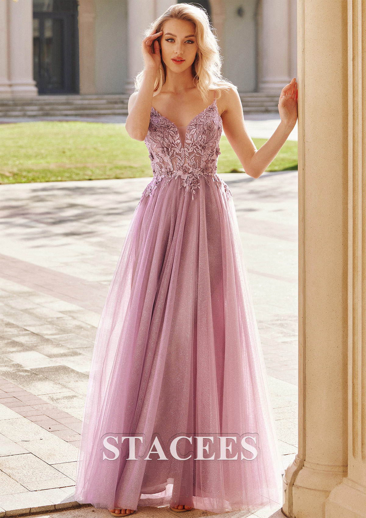 Mauve A-line V Neck Sleeveless Floor-Length Tulle Prom Dress with Appliqued Beading Glitter