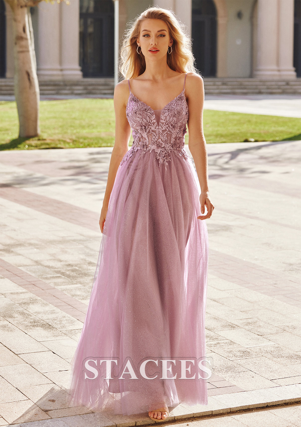 Mauve A-line V Neck Sleeveless Floor-Length Tulle Prom Dress with Appliqued Beading Glitter