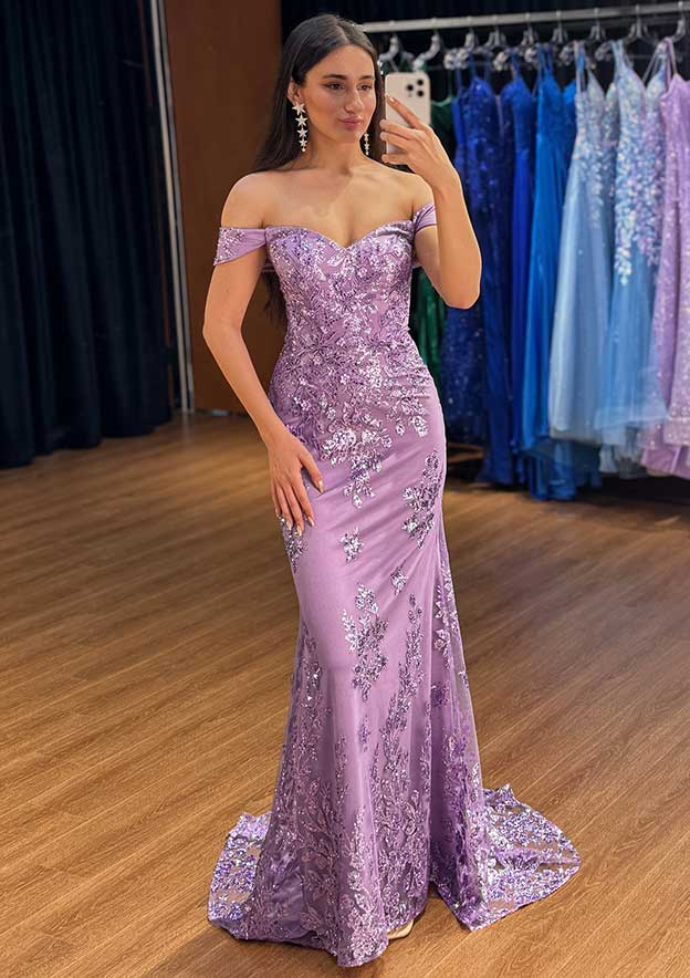 Trumpet/Mermaid Off-the-Shoulder Short Sleeve Sweep Train Sequined Prom Dress with Beading