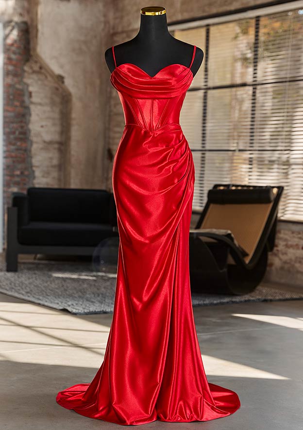 Sheath/Column Sweetheart Sleeveless Sweep Train Silk like Satin Prom Dress with Pleated Split