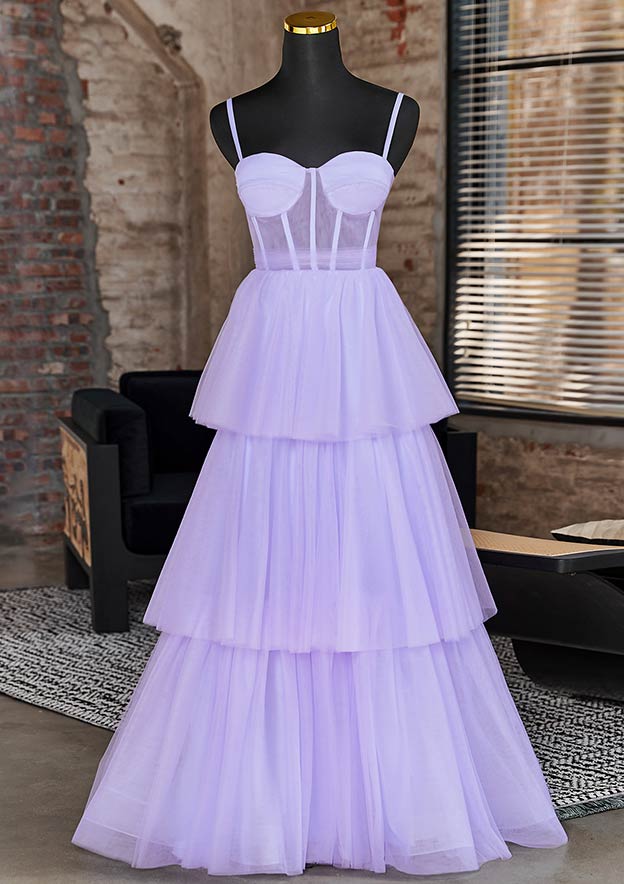 A-line Princess Sweetheart Sleeveless Floor-Length Tulle Prom Dress with Ruffles Bowknot