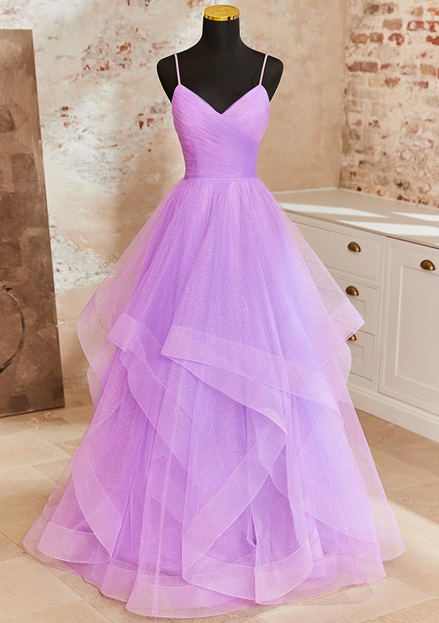 A-line Princess V Neck Sleeveless Floor-Length Tulle Prom Dress with Pleated Ruffles Glitter