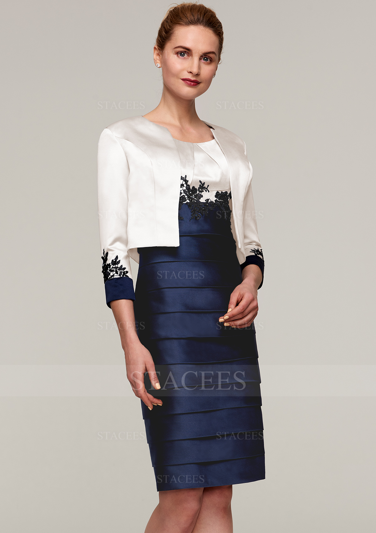 Sheath/Column Bateau Sleeveless Knee-Length Satin Mother of the Bride Dress With Jacket Pleated Appliqued
