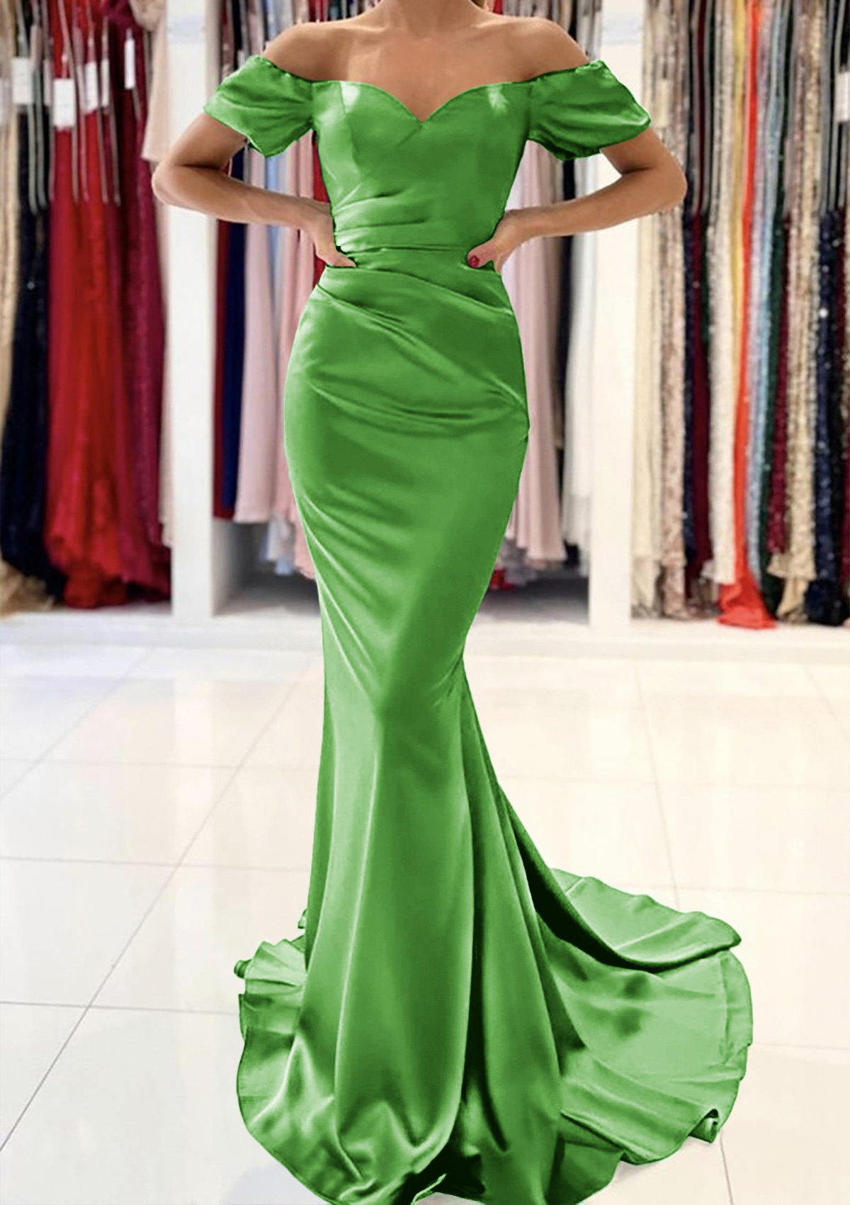 Emerald Trumpet/Mermaid Off-the-Shoulder Short Sleeve Satin Sweep Train Prom Dress With Pleated - STACEES