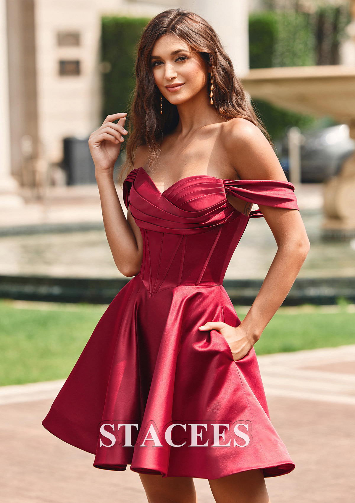 homecoming dress not too short A-line Off-the-Shoulder Corset Short Satin Homecoming Dress with Pleated  Pockets S8033H - Homecoming Dresses