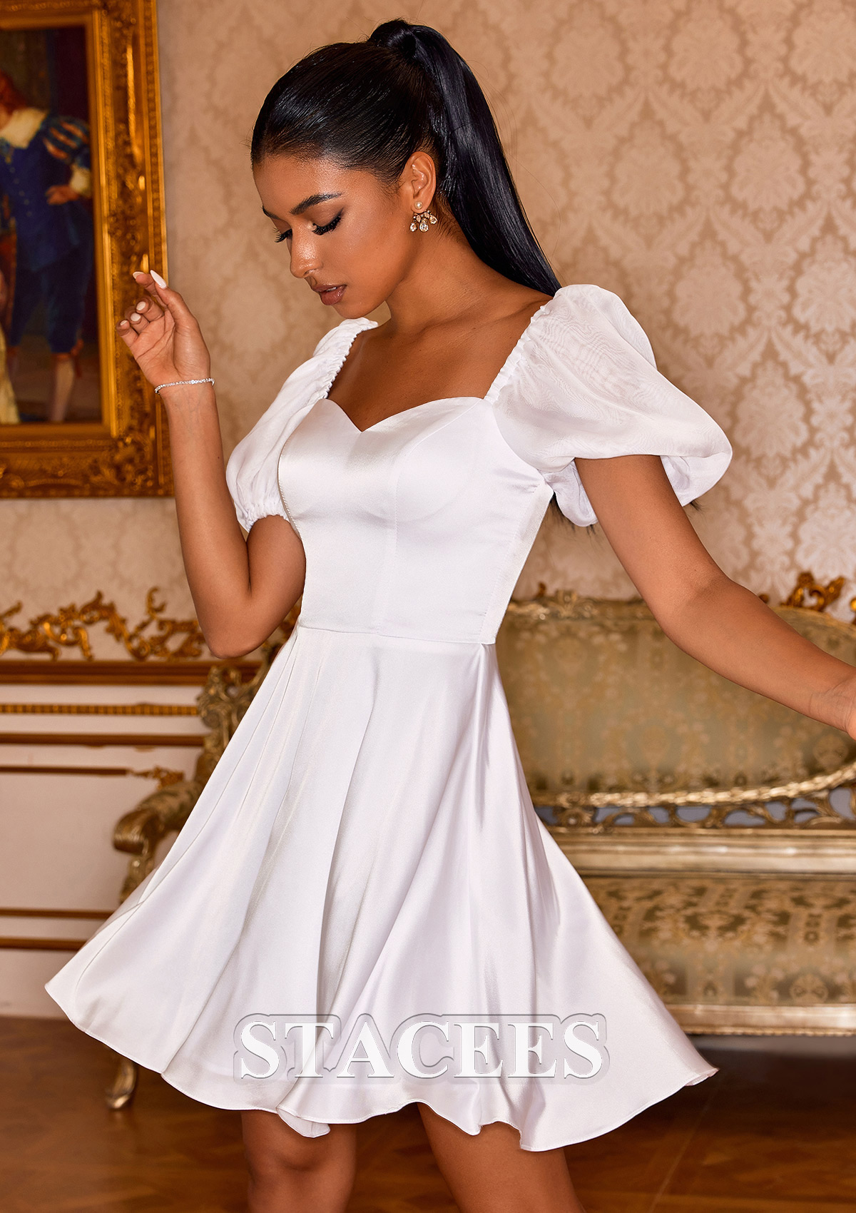 short formal dress with sleeves A-line Sweetheart Short Sleeve Satin Short/Mini Homecoming Dress S8180H - Homecoming  Dresses