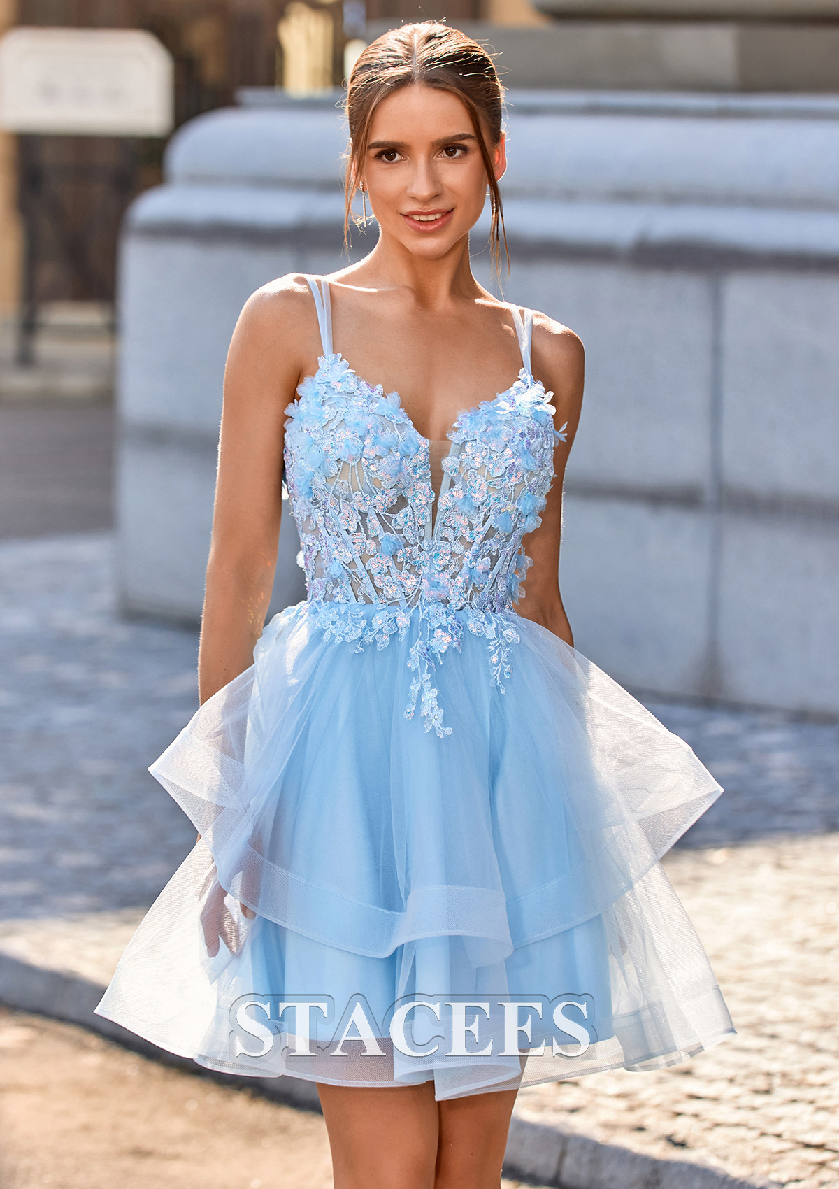 Sky Blue A-line V Neck Short/Mini Tulle Homecoming Dress with Appliqued Flowers Sequins - STACEES