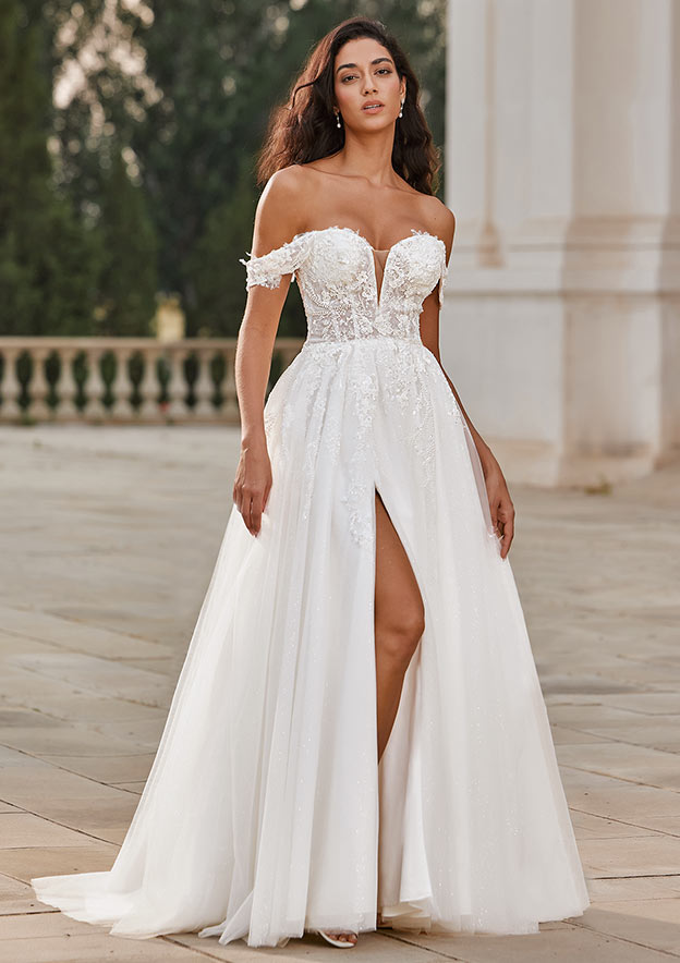Sparkly A-line Off-Shoulder Floral Embroidered Lace Sweep Train Wedding Dress with High Slit