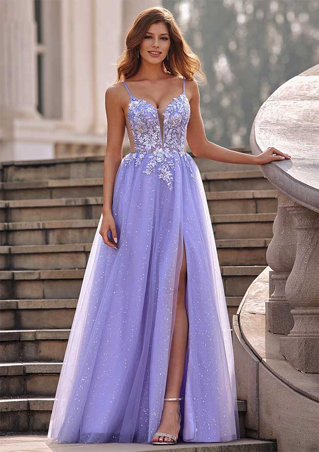 A-line V Neck Tulle Sweep Train Prom Dress with Appliqued Beading Flowers Sequins Split Glitter