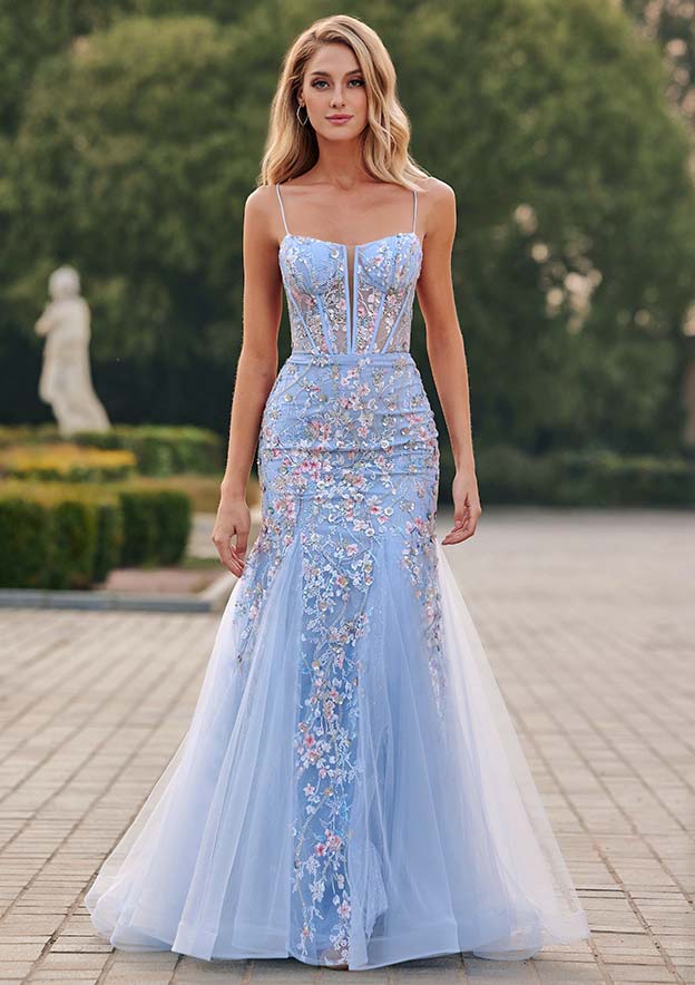 beaded scoop neck prom dress Stacees Mermaid Floral Tight Corset with Spaghetti Straps sheer bodice prom dress and the gradient color Diana Blue Striped Maxi Size:X-SMALL