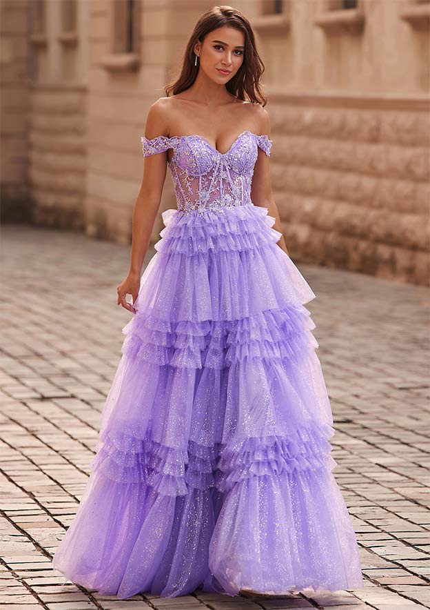 A-line Applique Off-the-Shoulder Corset Ruffle Tiered Glitter Tulle Prom Dress