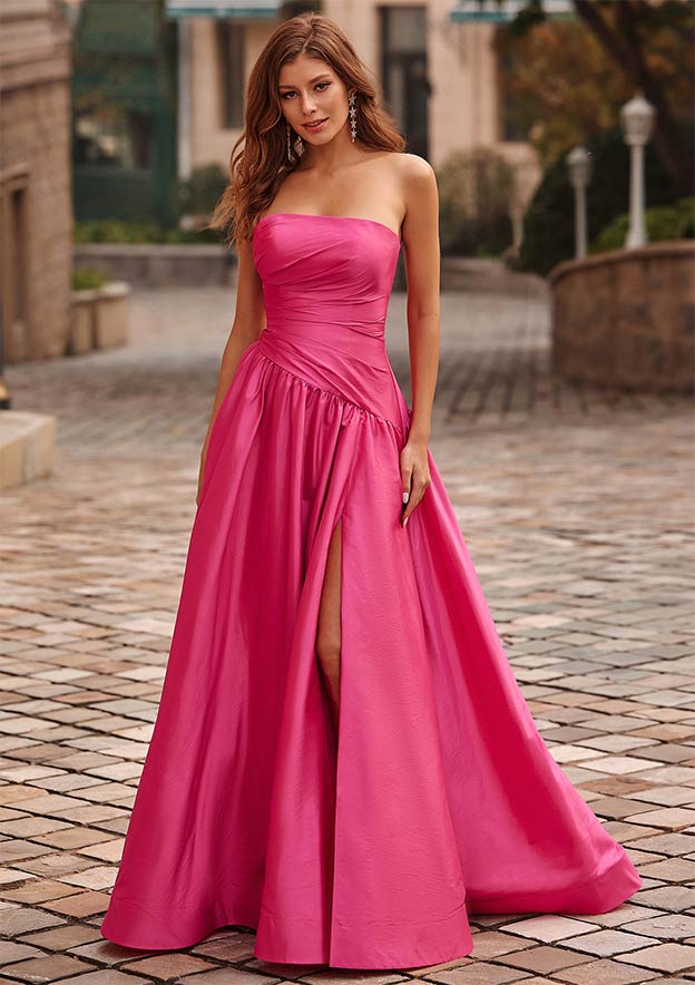 Stacees A-line Square Neckline Taffeta Prom Dress with Pleated Split