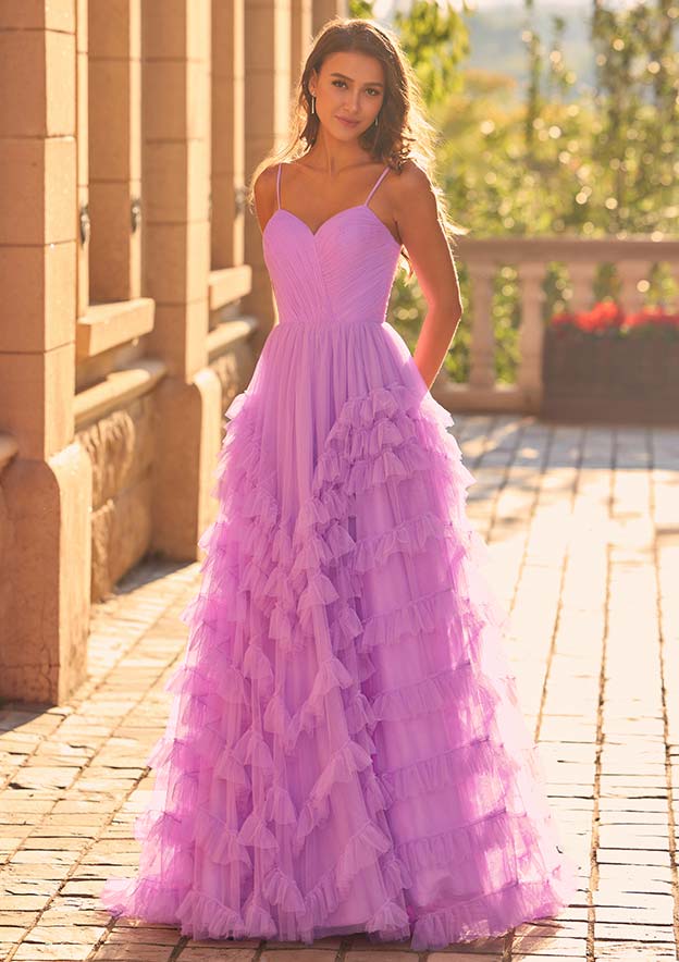 A-line Pleated V Nect Ruffled Tulle Sweep Train Prom Dress