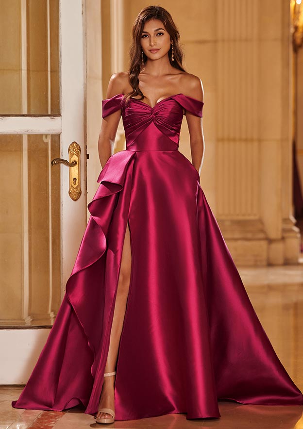 A-line Off the Shoulder Mikado Ruffled Slit Prom Dress with Pleated Pockets