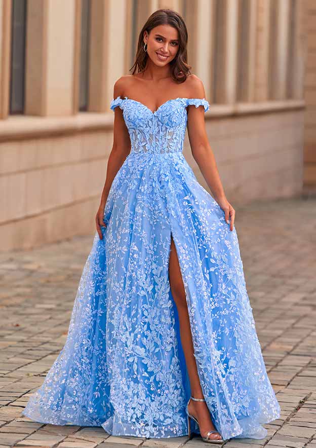 A-line Off-the-Shoulder Tulle Sweep Train Prom Dress with Appliqued Sequins Split Glitter