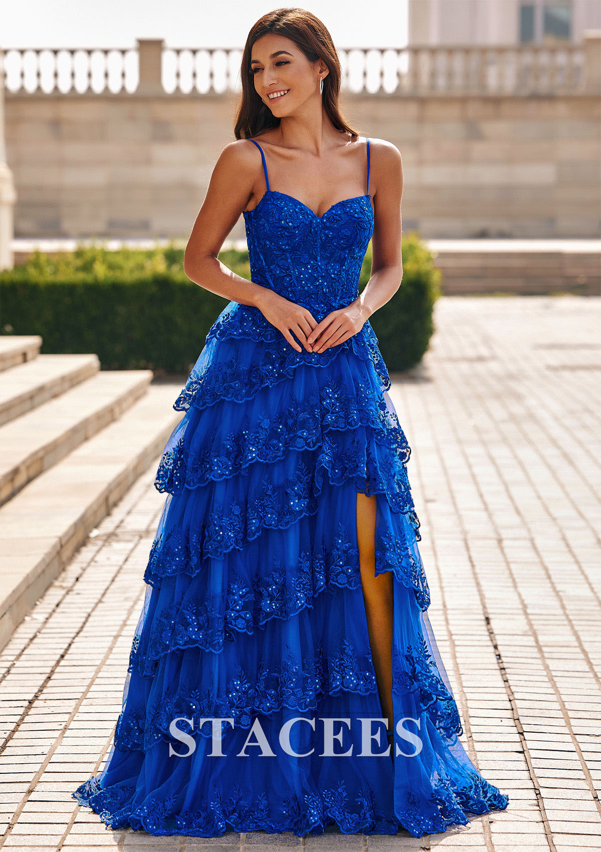 Ocean Blue A-line Sweep Train Corset Floral Tiered Slit Prom Dress with Ruffles