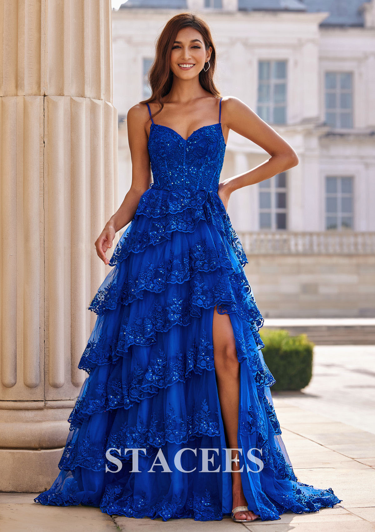 Ocean Blue A-line Sweep Train Corset Floral Tiered Slit Prom Dress with Ruffles