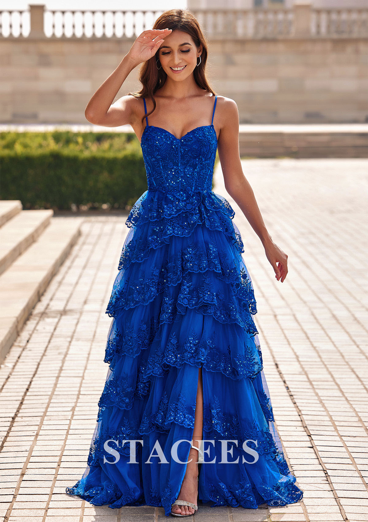 Ocean Blue A-line Sweep Train Corset Floral Tiered Slit Prom Dress with Ruffles
