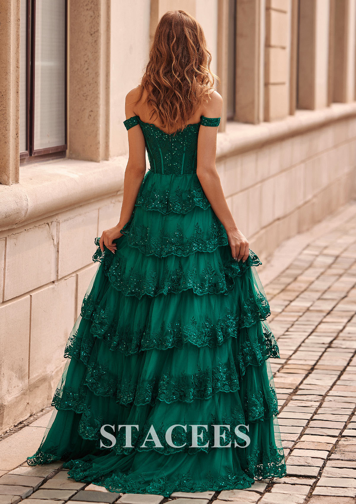 off the shoulder tiered prom dress Stacees 2026 Off the Shoulder Tiered Ruffles Corset Prom Dress