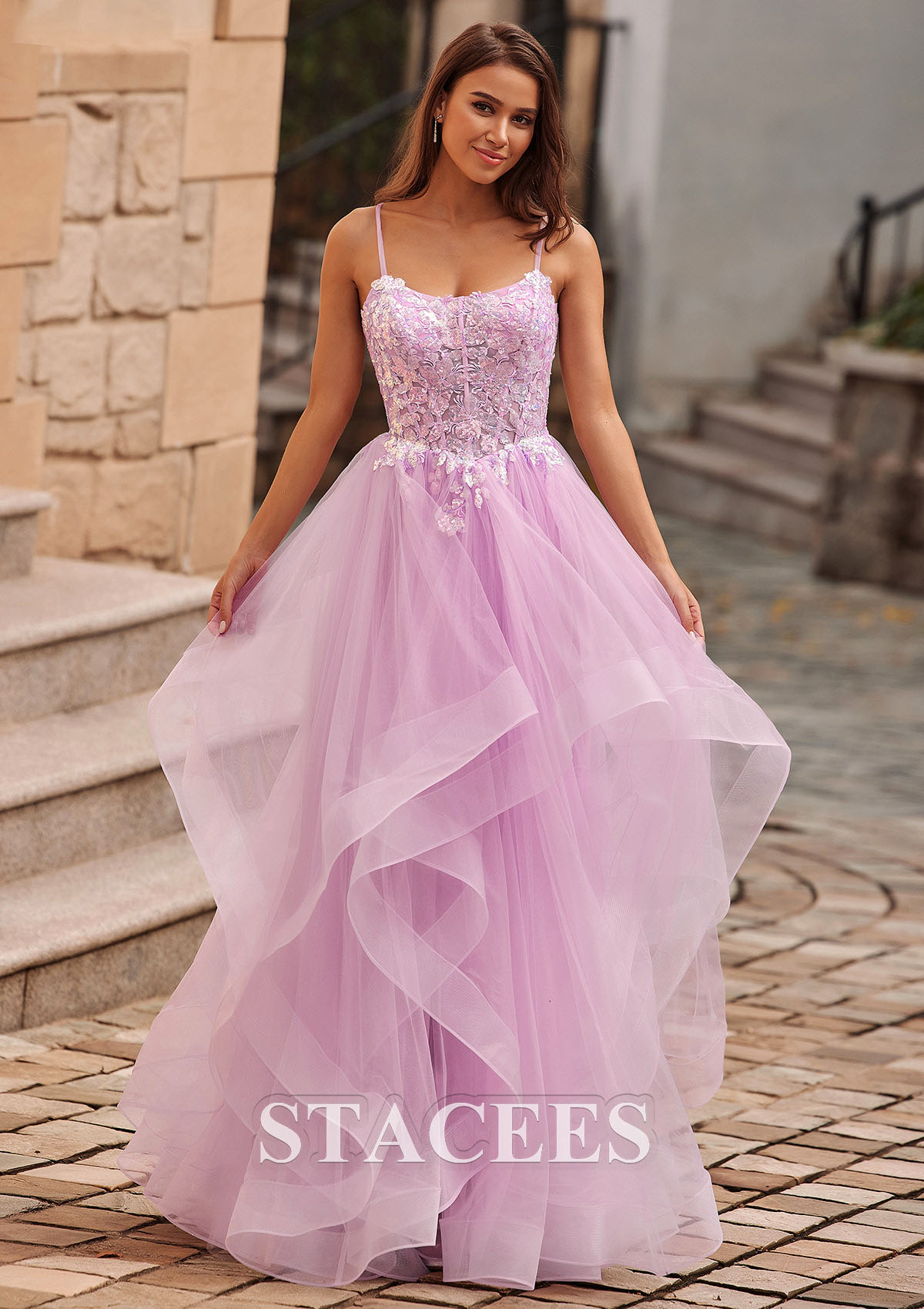 Lilac A-line Scoop Neck Tulle Floor-Length Prom Dress with Appliqued Ruffles Sequins