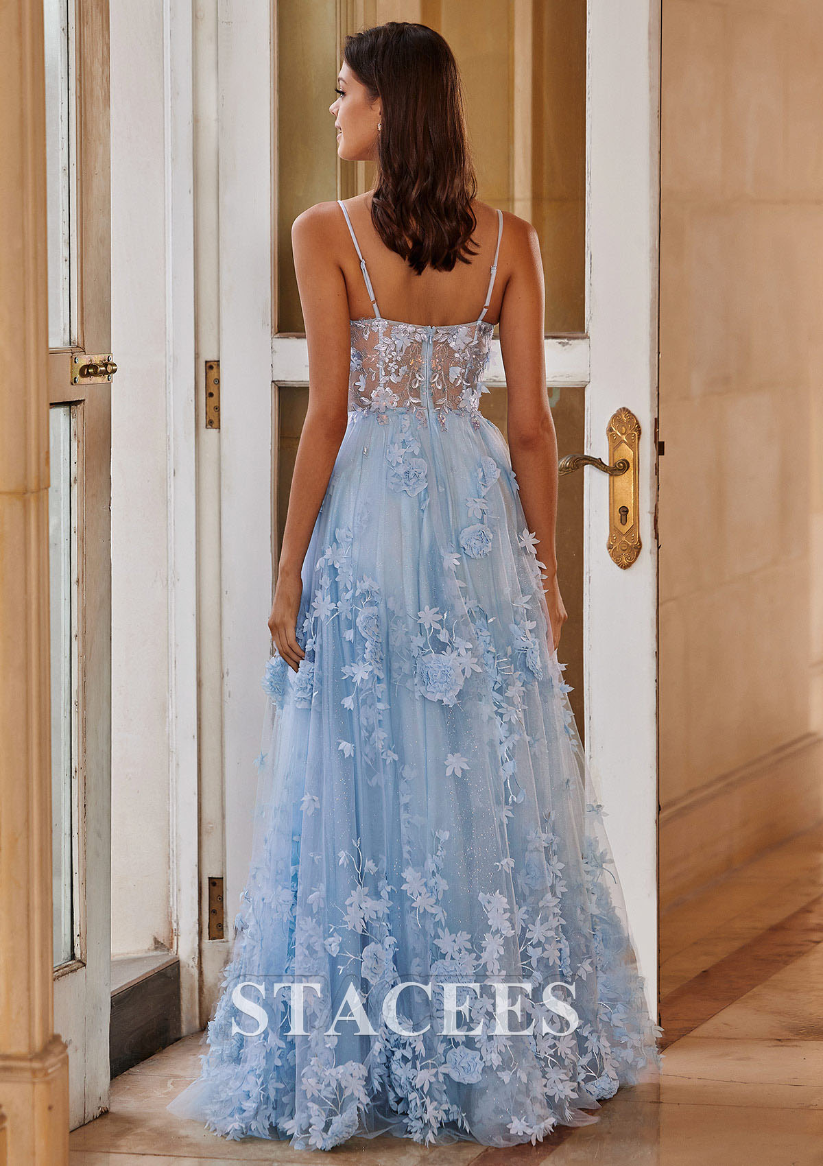 Sky Blue A-line V Neck Tulle Sweep Train Prom Dress with Flowers Sequins Glitter
