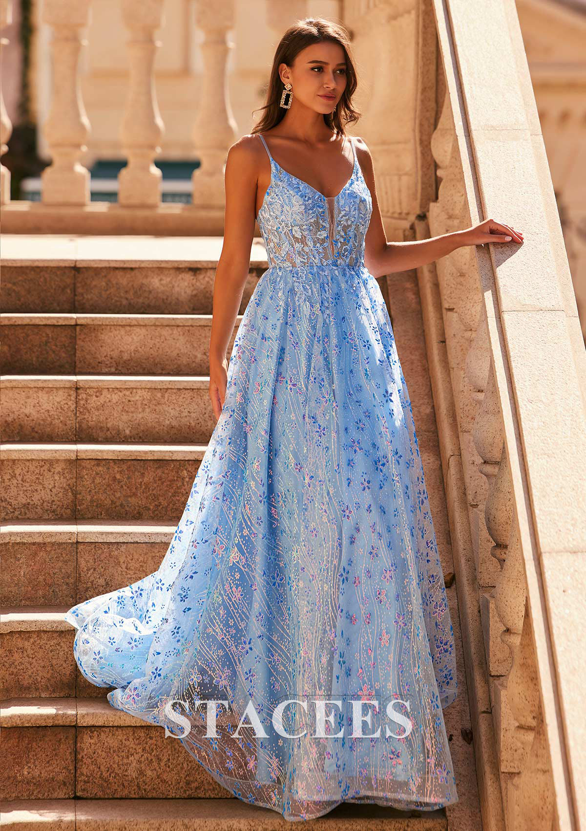glitter light blue dress Luuvis Sparkly Light Blue A-Line Halter Backless Long Tiered Prom Dress With  Slit