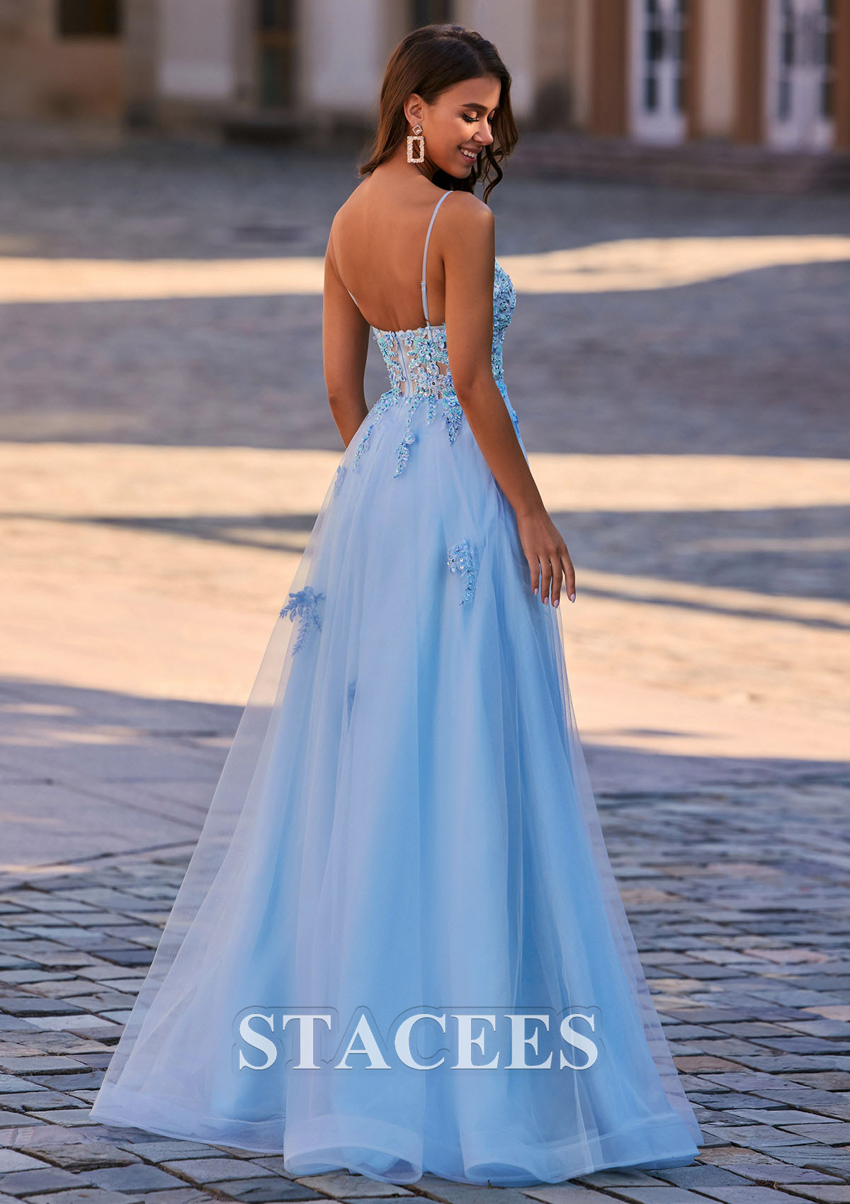 A-line V Neck Applique Corset Bodice Tulle Floor-Length Prom Dress