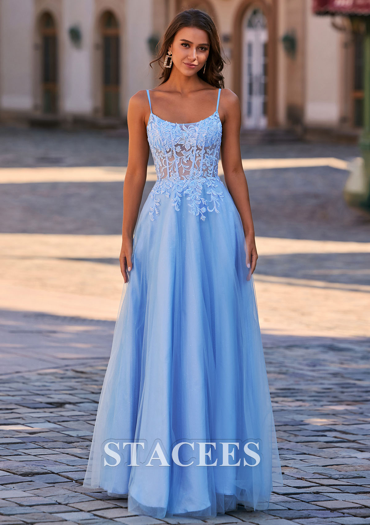 Azul Cielo Vestido línea a escote redondo tul hasta el suelo vestido de graduación - STACEES