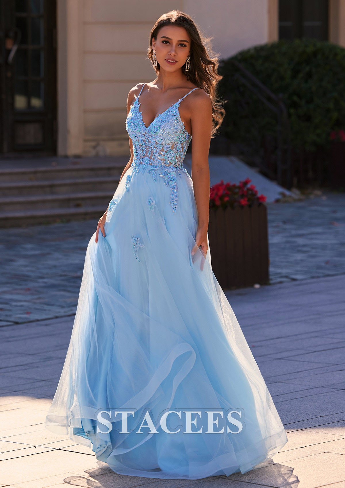 A-line V Neck Applique Corset Bodice Tulle Floor-Length Prom Dress