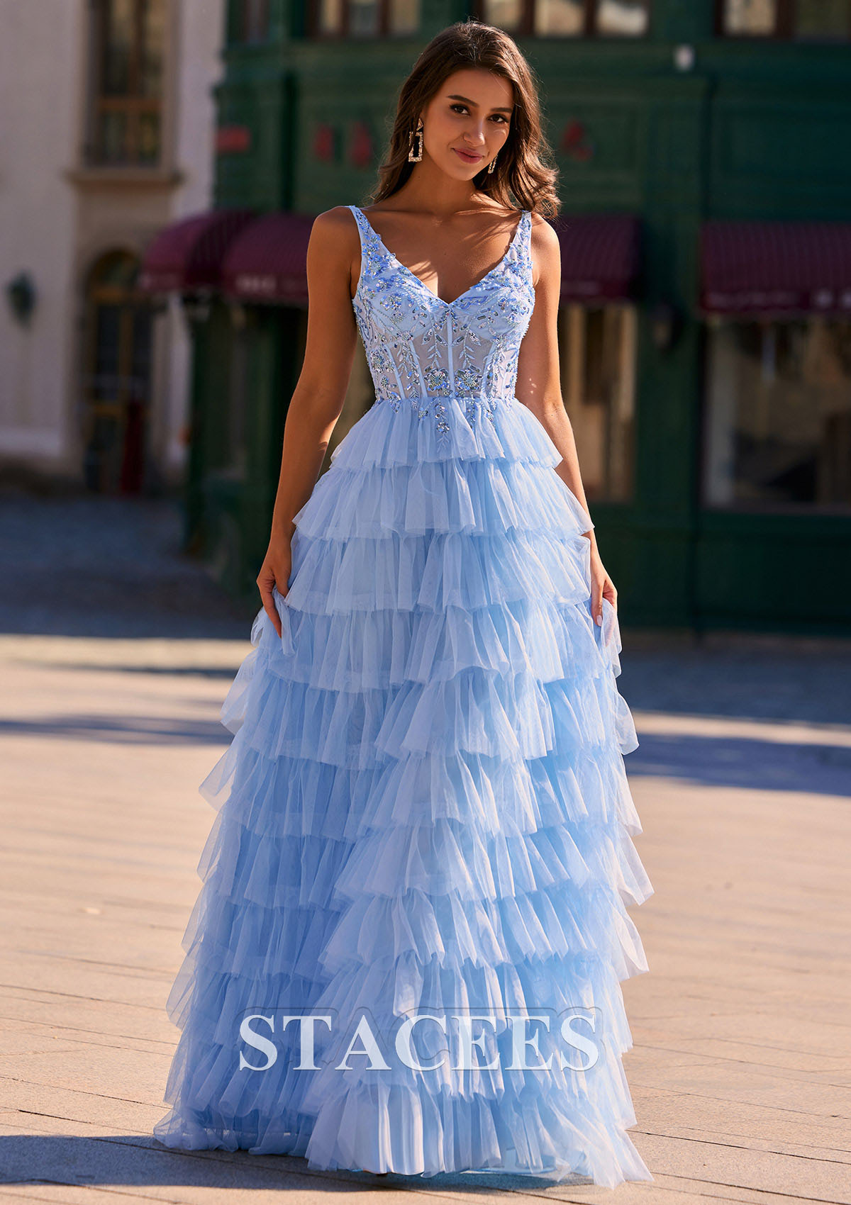Sky Blue Vestido línea a princesa escote en v tul barrer/cepillo tren vestido de graduación - STACEES