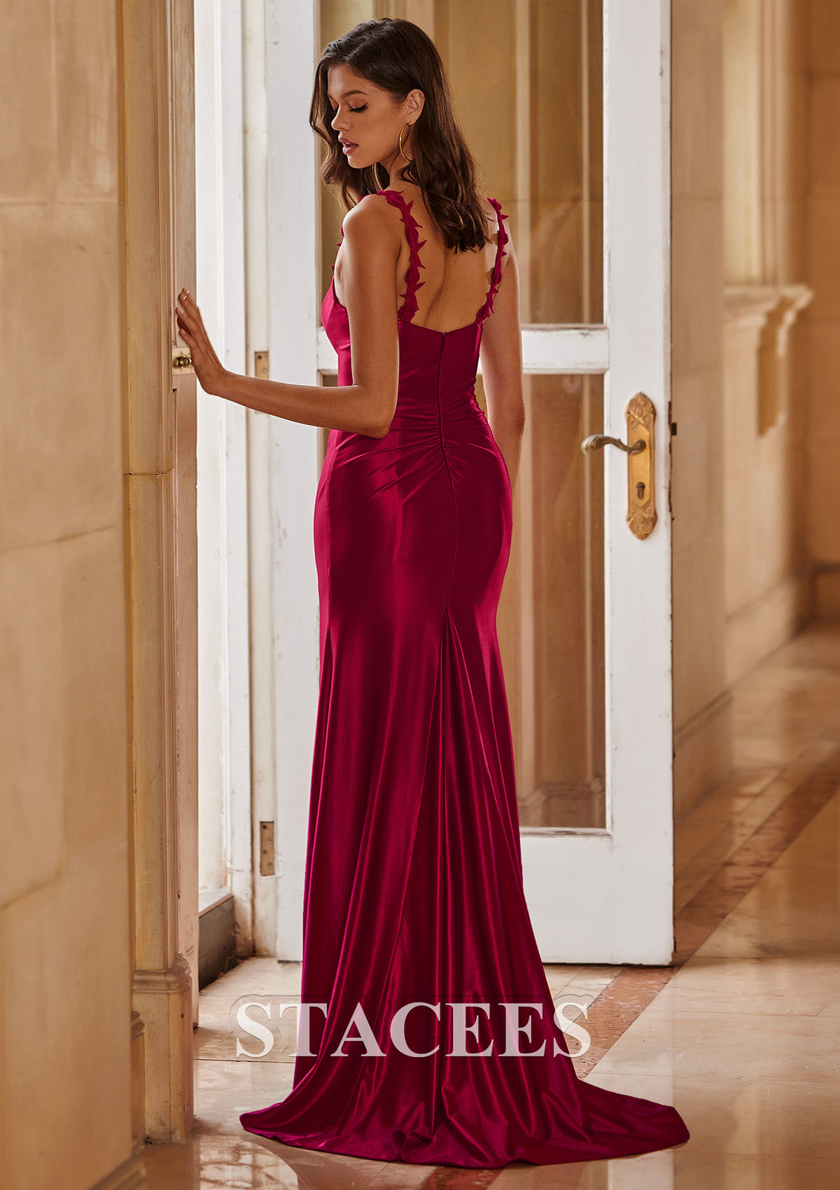 Burgundy Fitted Silky Stretched Satin Prom Dress with Rosette Embellished Straps - STACEES