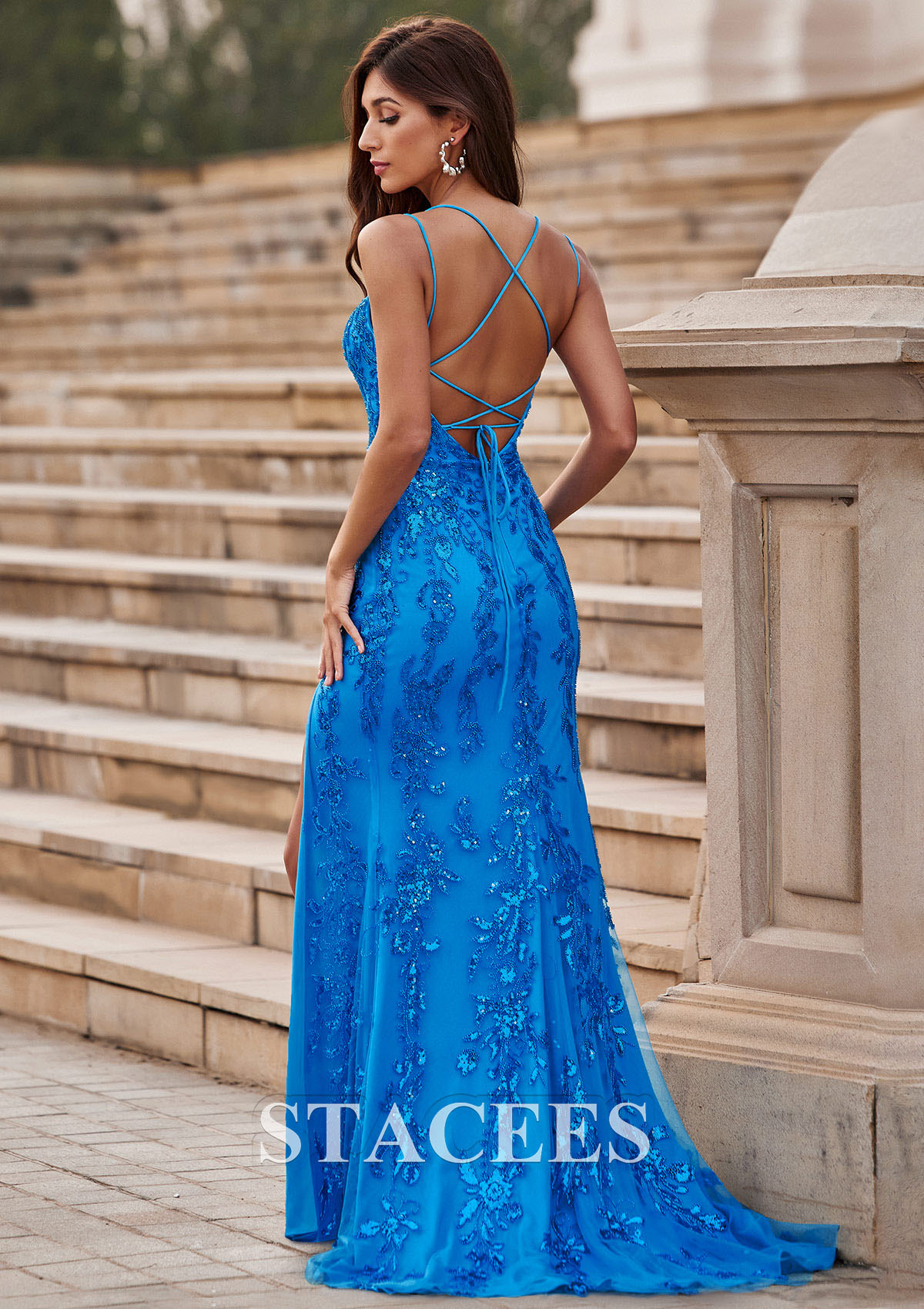 Ocean Blue Sheath Square Neckline Fitted Beading Sequins Slit Prom Dress - STACEES