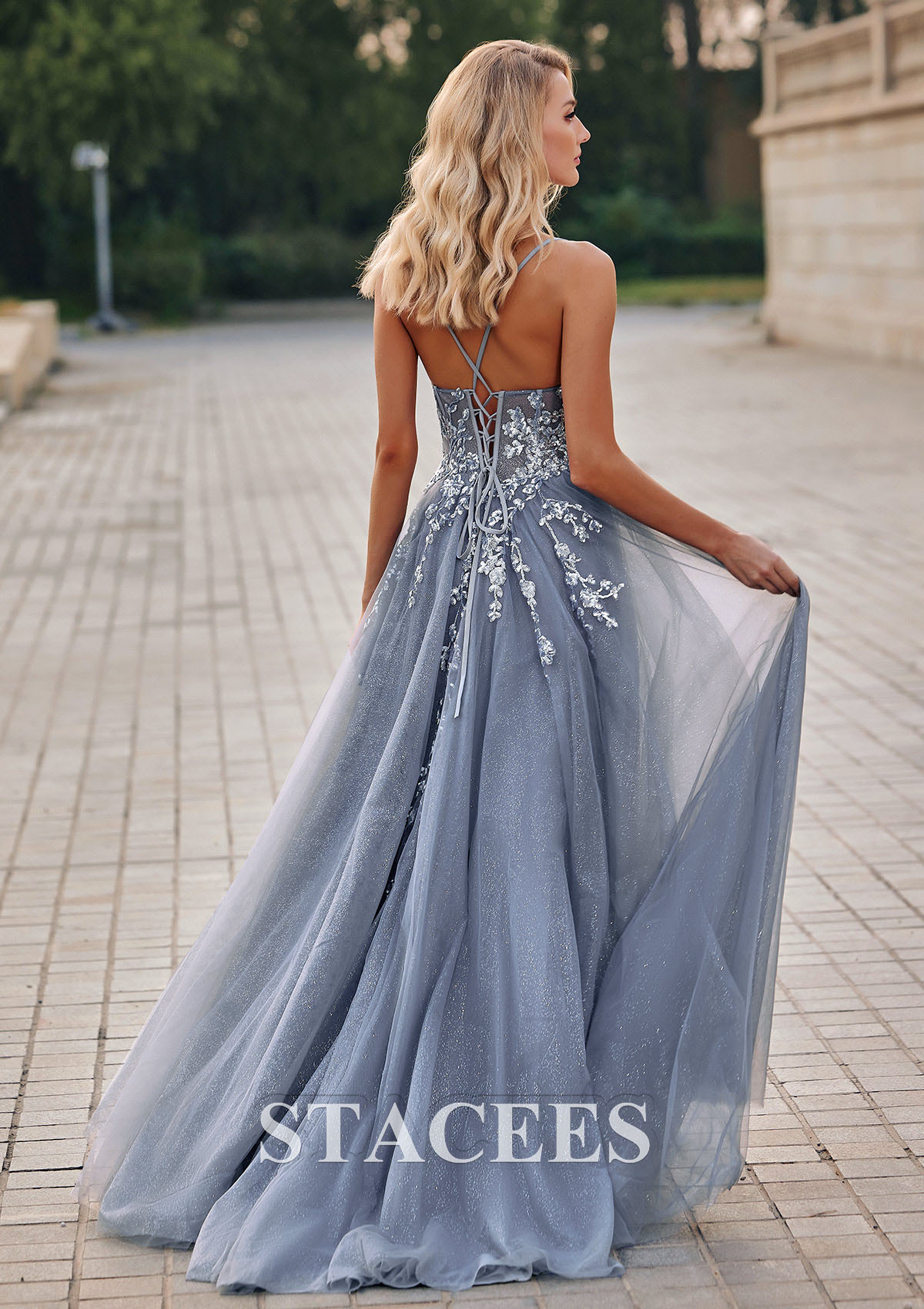 Dusty Blue A-line Sweetheart Tulle Sweep Train Prom Dress with Appliqued Sequins Split Glitter - STACEES