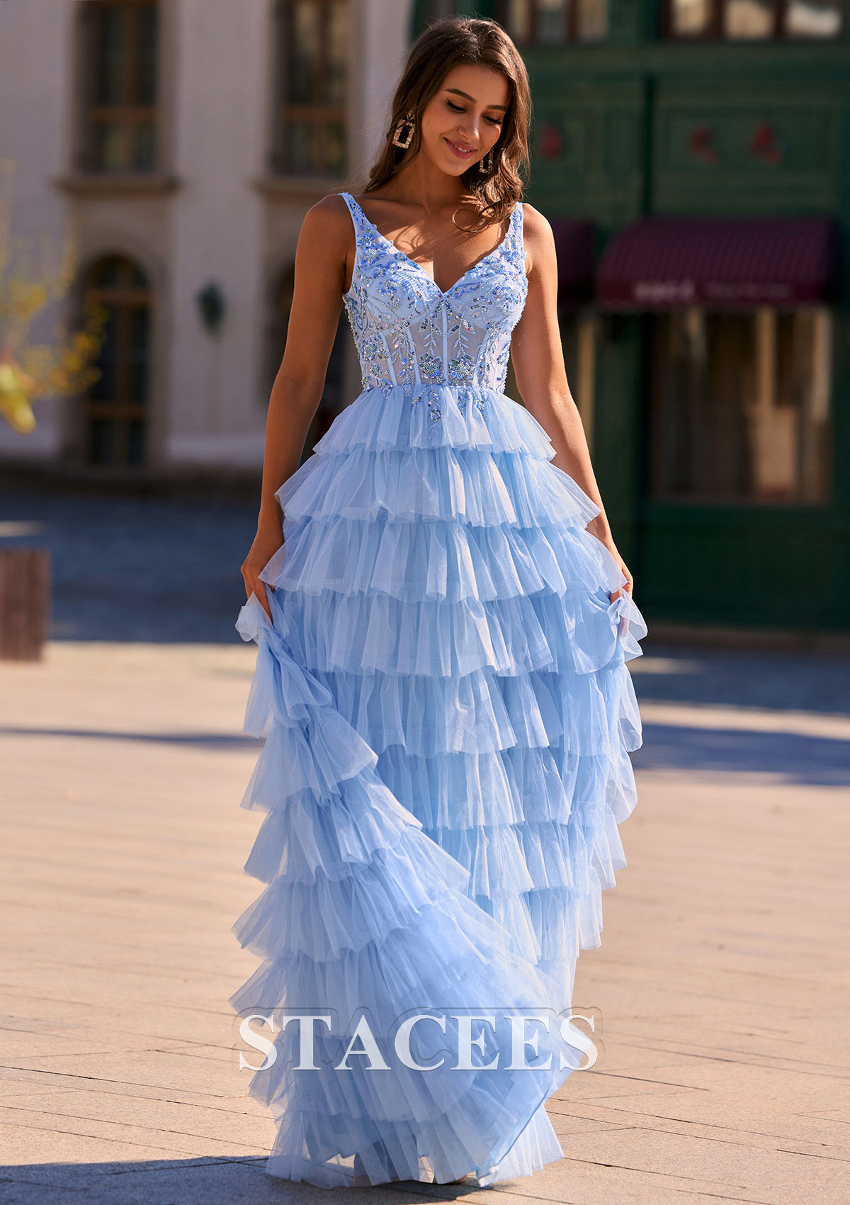 Sky Blue Vestido línea a princesa escote en v tul barrer/cepillo tren vestido de graduación - STACEES