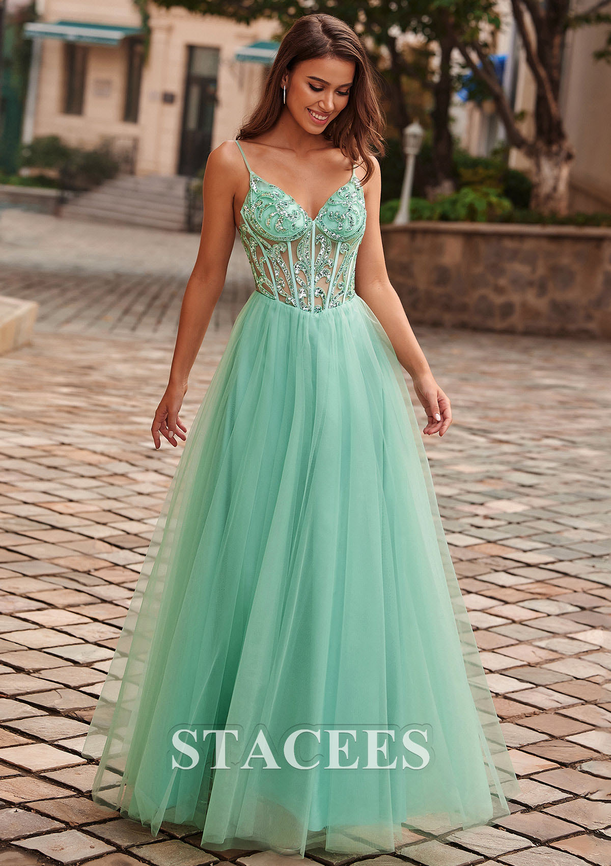 As picture A-line V Neck Tulle Floor-Length Prom Dress with Beading Sequins - STACEES