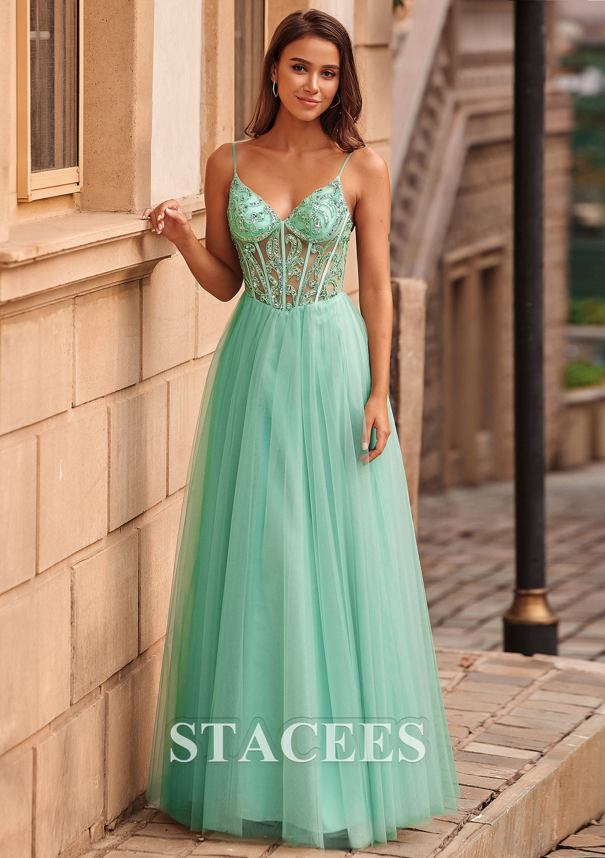 As picture A-line V Neck Tulle Floor-Length Prom Dress with Beading Sequins - STACEES