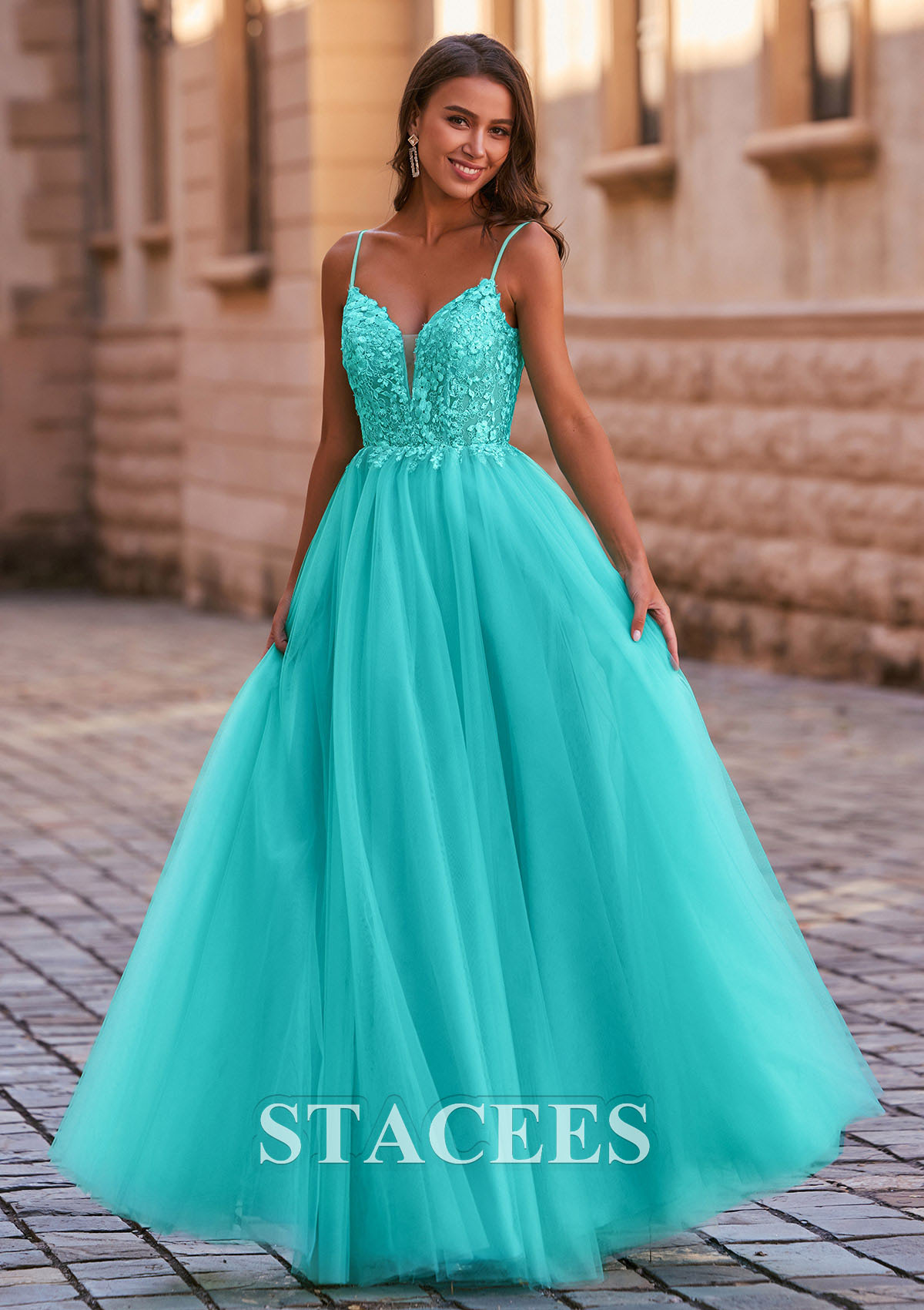 As Picture A-line V Neck Tulle Floor-Length Prom Dress with Appliqued - STACEES
