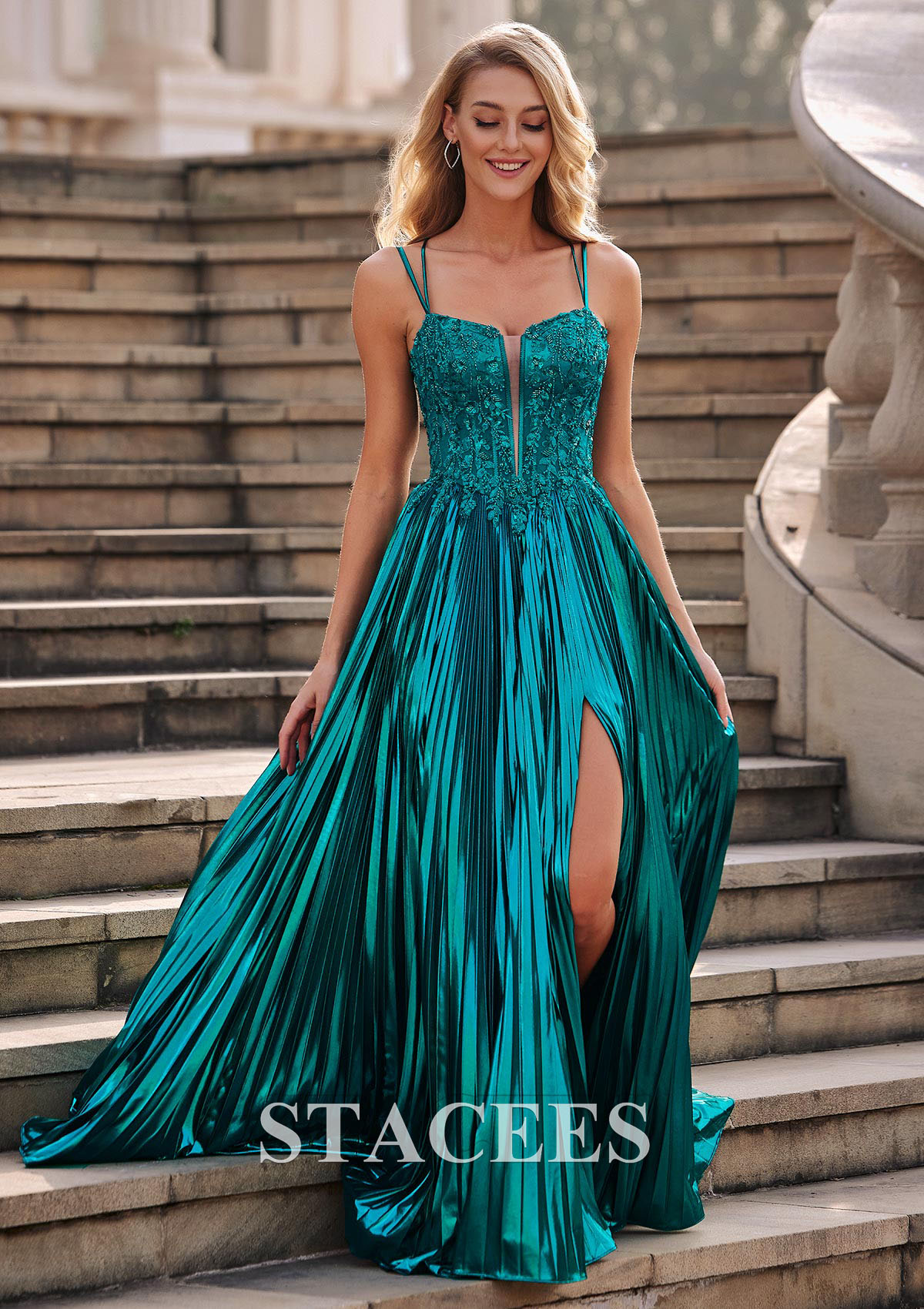 Teal Shiny A-line Ruched Metallic Slit Sweep Train Prom Dress with Plugging V-neck - STACEES