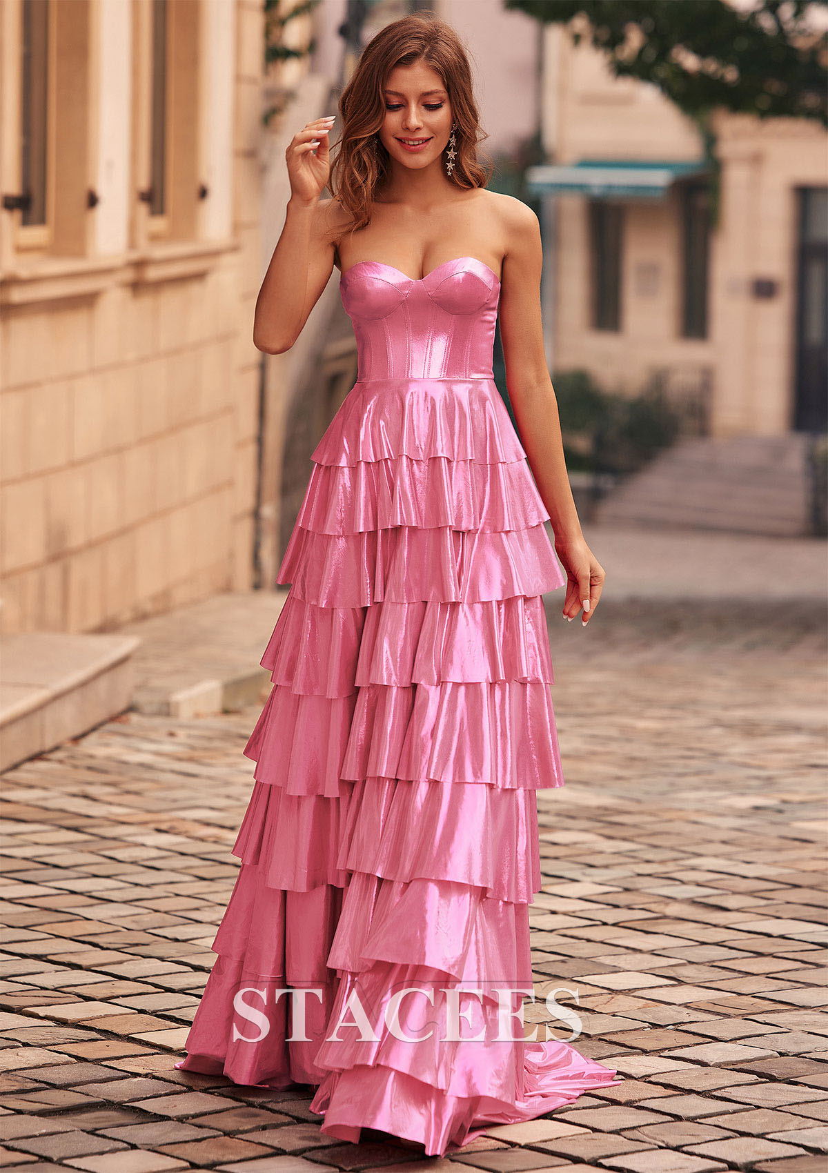Candy Pink A-line Sweetheart Strapless Metallic Corset Ruffle Prom Dress - STACEES