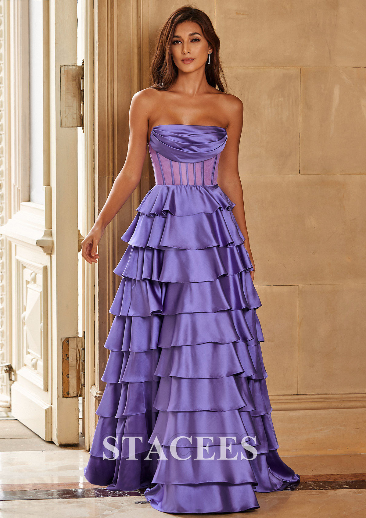 Lavender A-line Strapless Cowl Neck Sheer Corset Tiered Prom Dress with Ruffles 