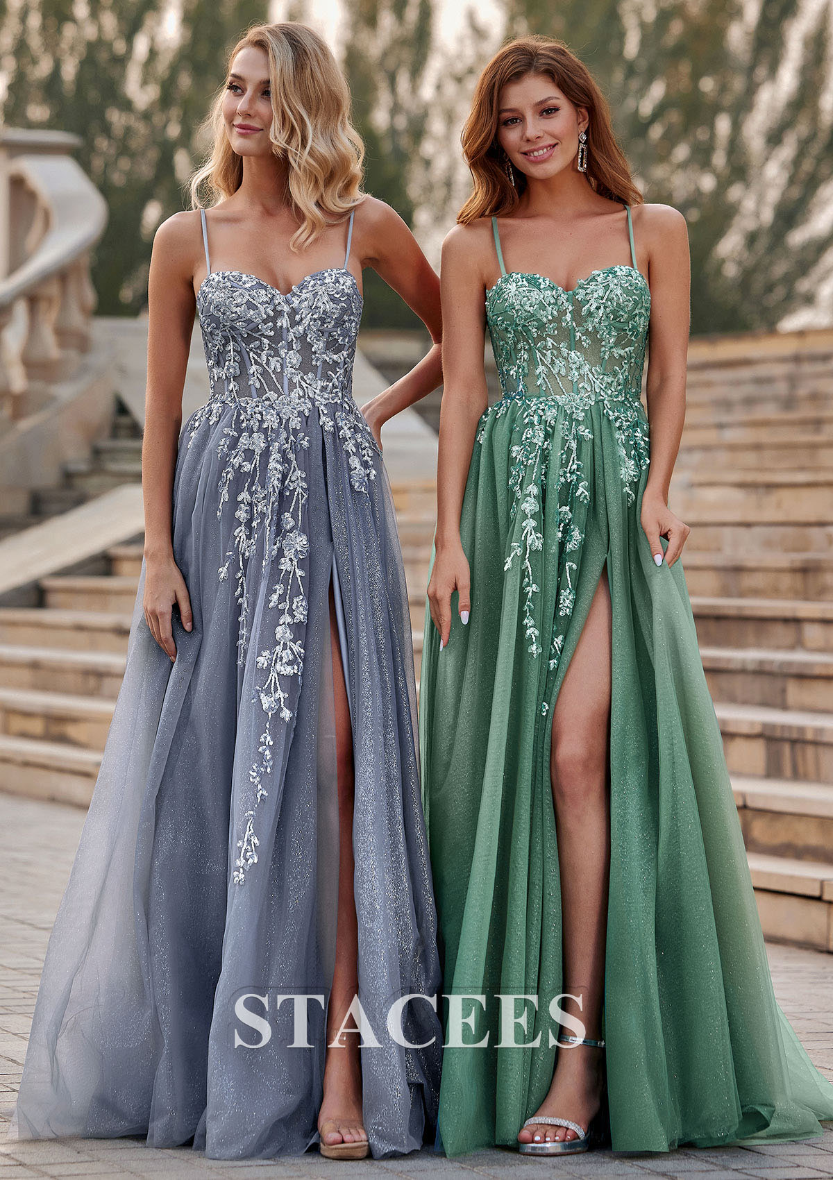 Dusty Blue A-line Sweetheart Tulle Sweep Train Prom Dress with Appliqued Sequins Split Glitter - STACEES