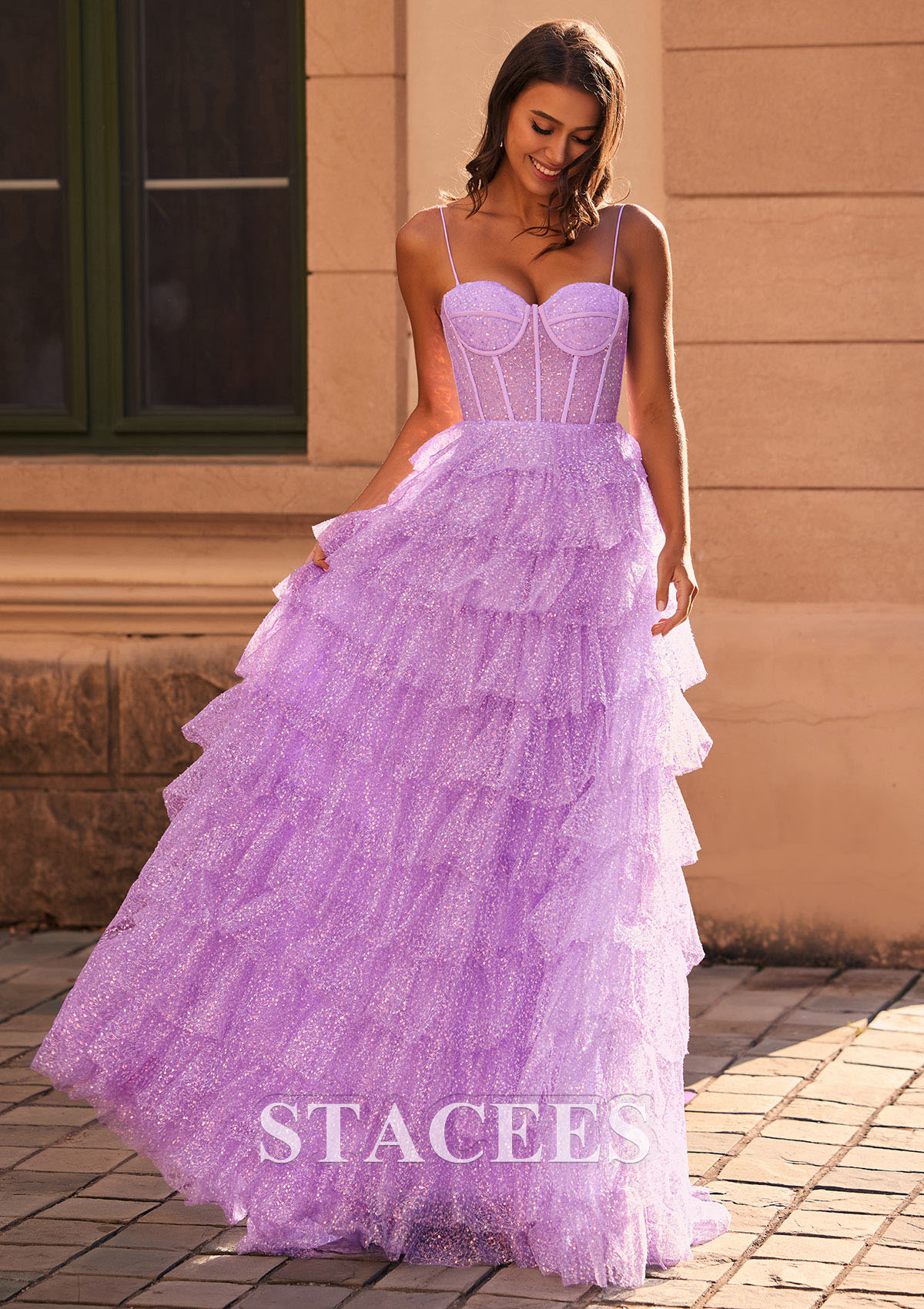 Lilac Cute A-Line Sweetheart Tiered Ruffles Sequins Prom Dresses - STACEES