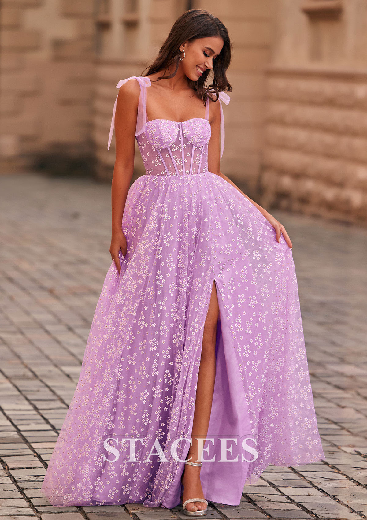 Lilac A-line Floral Printed Sheer Corset Slit Long Prom Dress With Adjustable Straps