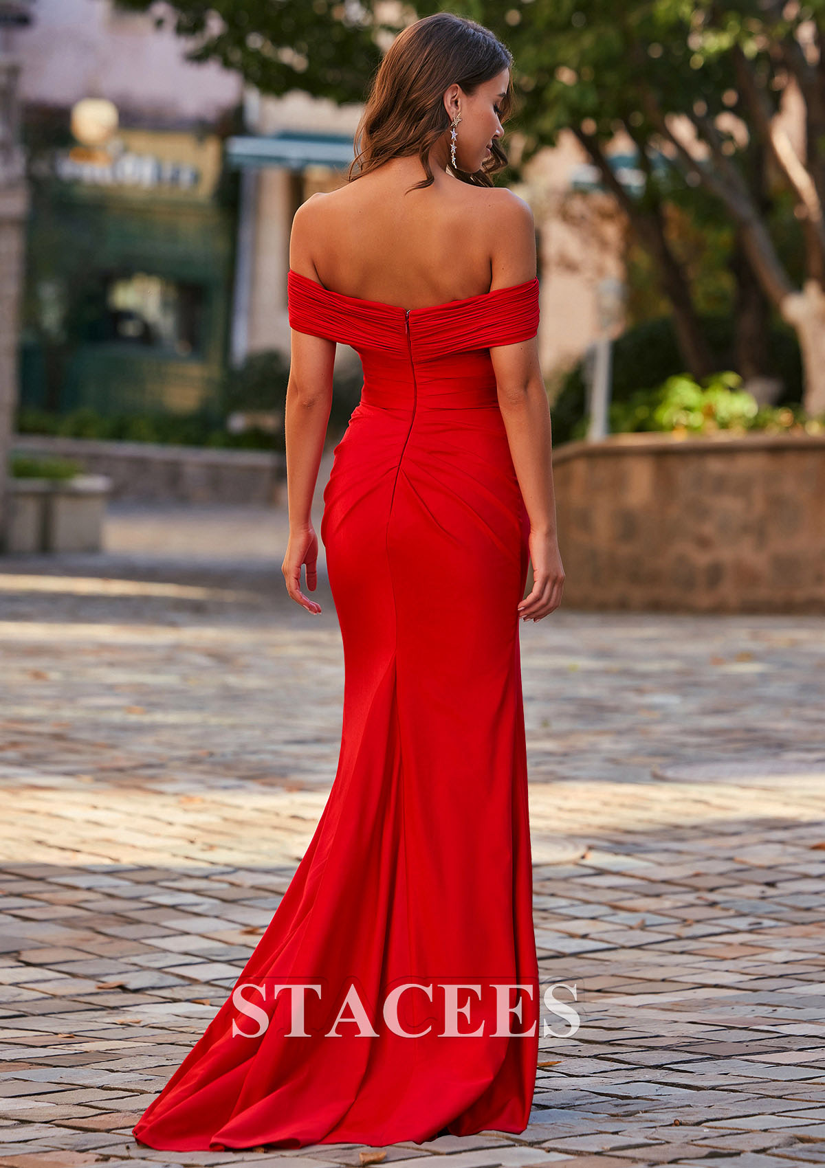 Red Corte trompeta/sirena hombros descubiertos jersey barrer/cepillo tren vestido de graduación - STACEES