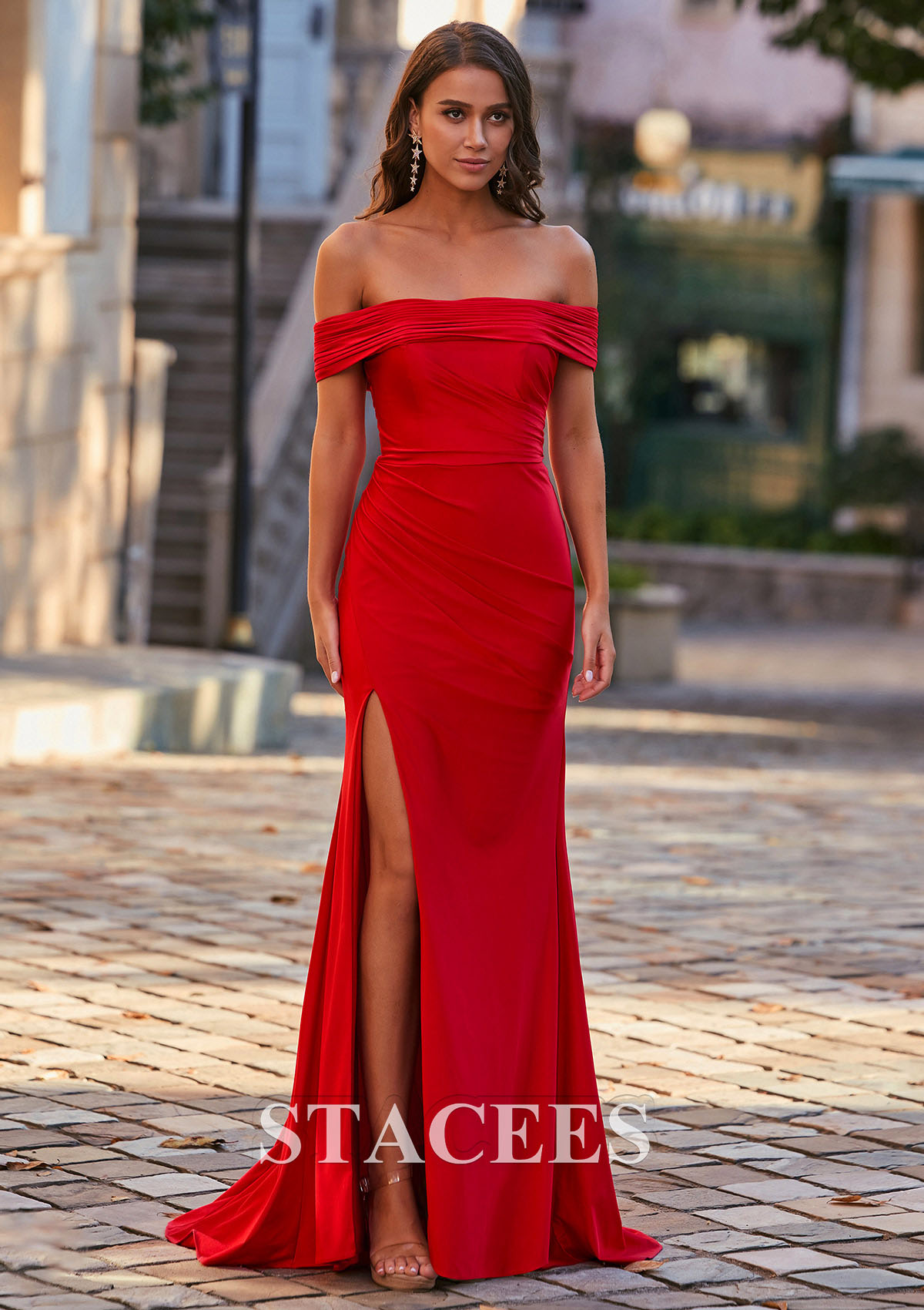 Red Corte trompeta/sirena hombros descubiertos jersey barrer/cepillo tren vestido de graduación - STACEES