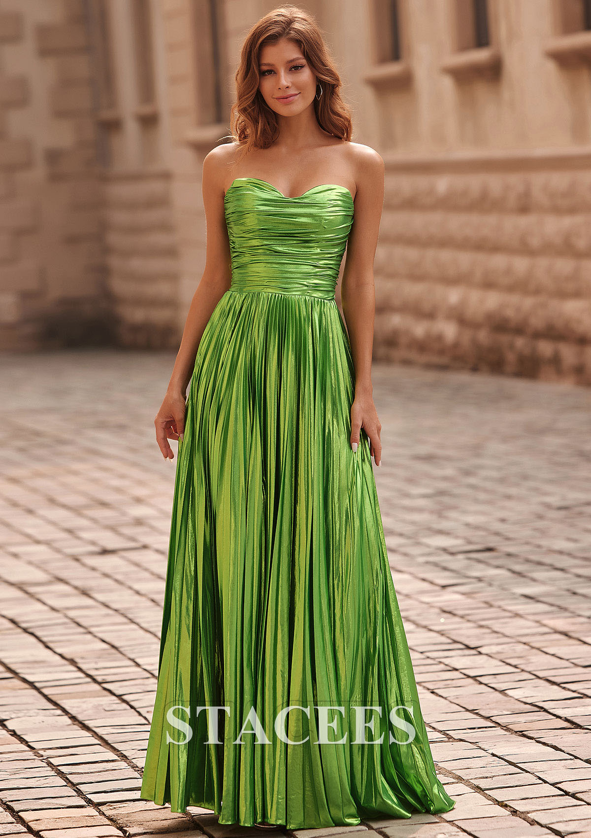 Verde Lima Vestido línea a cuello de corazón metálico hasta el suelo vestido de graduación - STACEES