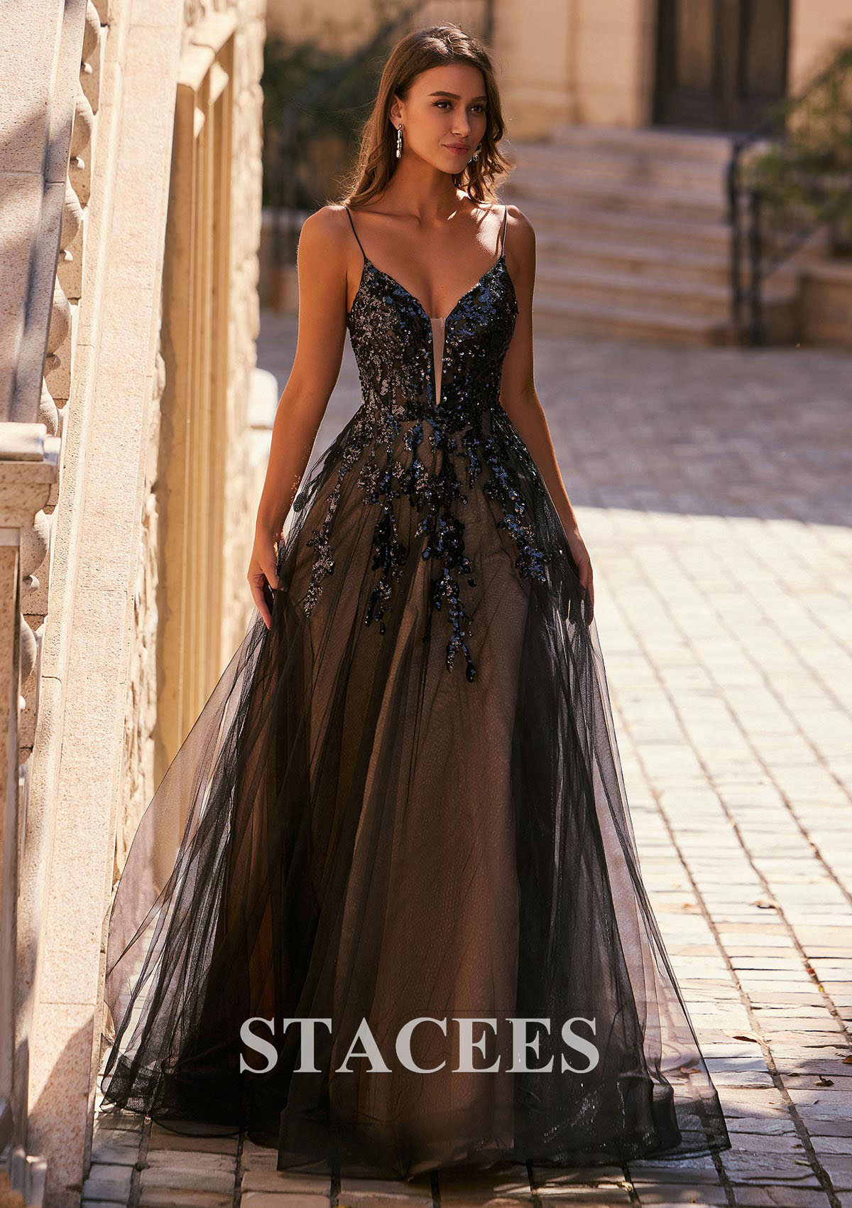Black A-line V Neck Tulle Floor-Length Prom Dress with Sequins - STACEES
