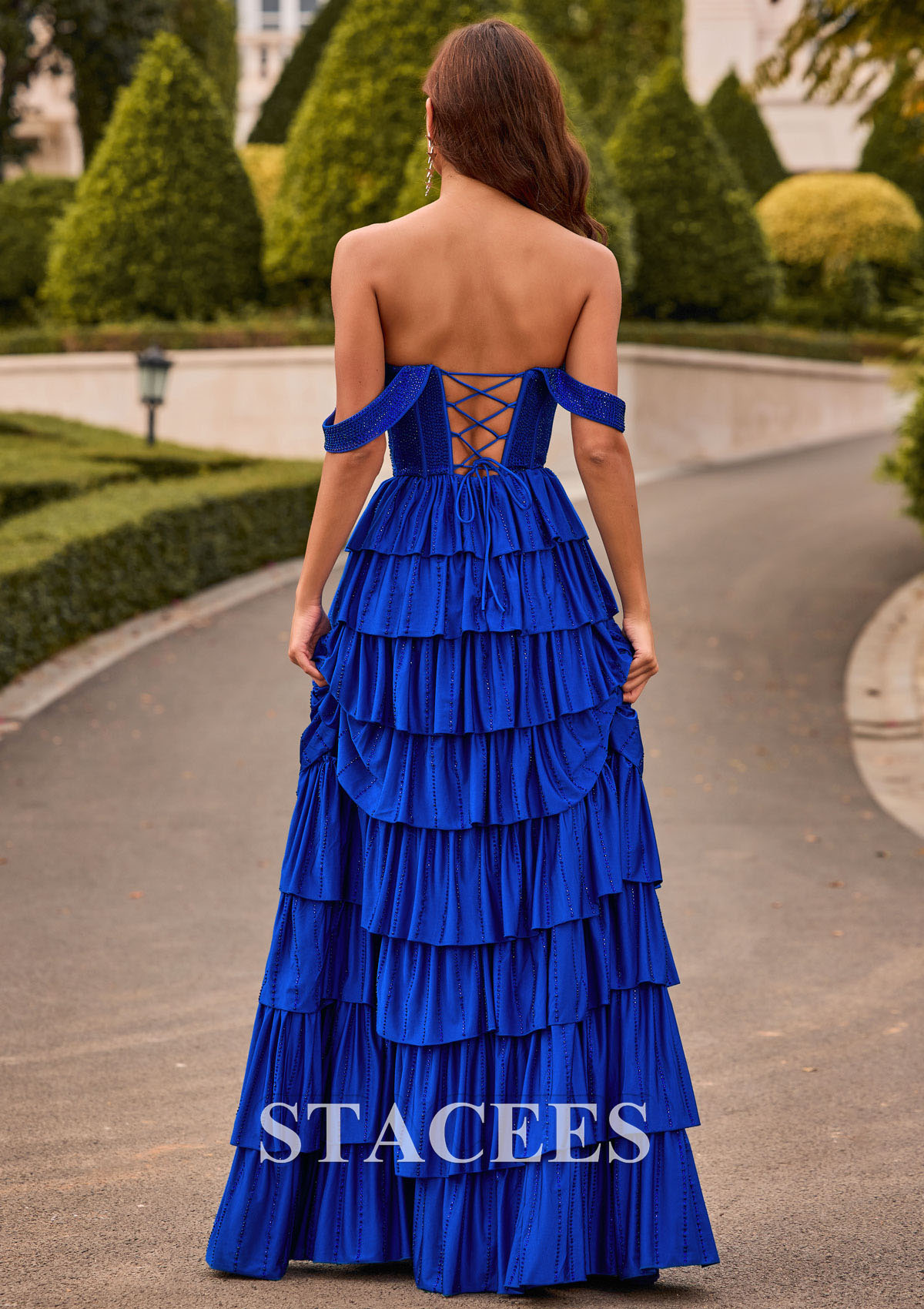 Azul Océano Vestido línea a hombros descubiertos jersey hasta el suelo vestido de graduación