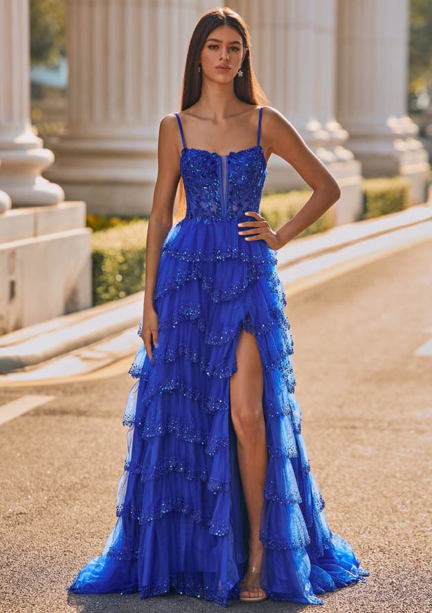 a line dress with slits A-line Lace Corset Ruffles Slit Prom Beaded Sequins S8354P - Prom Dresses Size:XL / US 12-14 LaDivine Style lilac prom dresses Men's Blue Dress Shoes