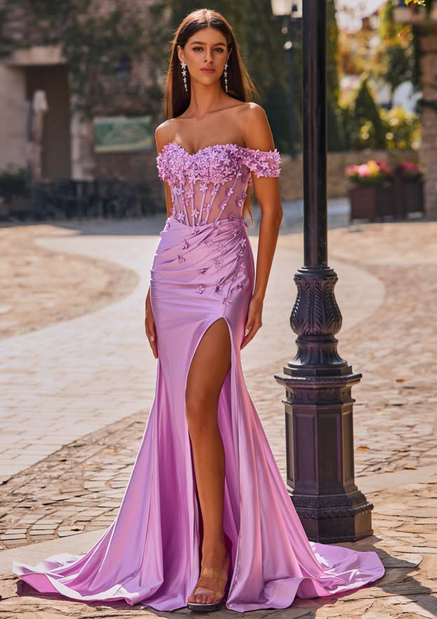 Mermaid Off-the-Shoulder 3D Floral Applique Sheer Corset Prom Dress with High Slit